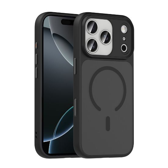 Apple iPhone 17 Pro Kılıf Mat Arka Yüzey Wireless Şarj Özellikli Zore Flet M-safe Kapak - Siyah resmi