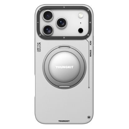 Apple iPhone 17 Pro Kılıf M-safe Şarj Özellikli 360 Derece Standlı Basit Mat Deri Desenli Youngkit Tech Leather Serisi Kapak - Gri resmi