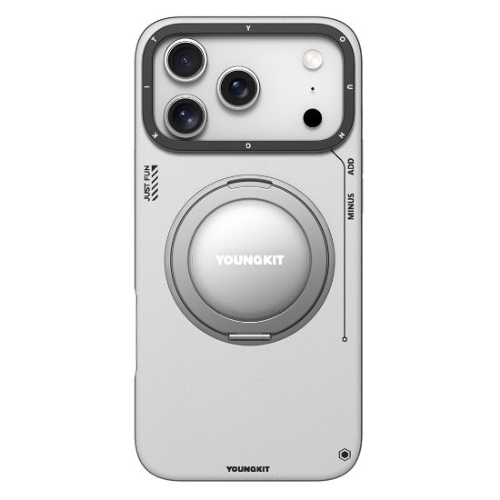 Apple iPhone 17 Pro Max Kılıf M-safe Şarj Özellikli 360 Derece Standlı Basit Mat Deri Desenli Youngkit Tech Leather Serisi Kapak - Gri resmi