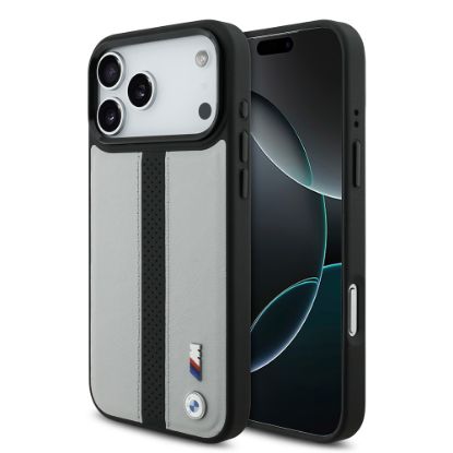Apple iPhone 17 Pro Kılıf BMW Orjinal Lisanslı M-safe Şarj Özellikli Deri Arka Yüzey Metal Logolu Delikli Şerit Tasarımlı Kapak resmi