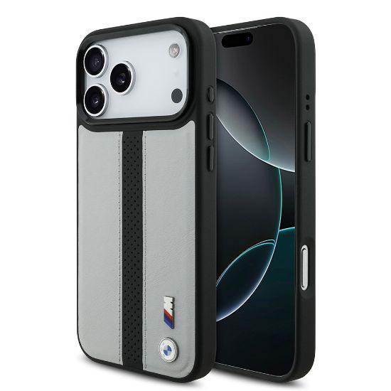 Apple iPhone 17 Pro Kılıf BMW Orjinal Lisanslı M-safe Şarj Özellikli Deri Arka Yüzey Metal Logolu Delikli Şerit Tasarımlı Kapak resmi