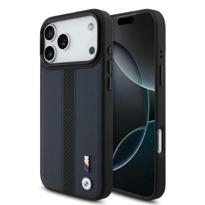 Apple iPhone 17 Pro Max Kılıf BMW Orjinal Lisanslı M-safe Şarj Özellikli Deri Arka Yüzey Metal Logolu Delikli Şerit Tasarımlı Kapak - Lacivert resmi