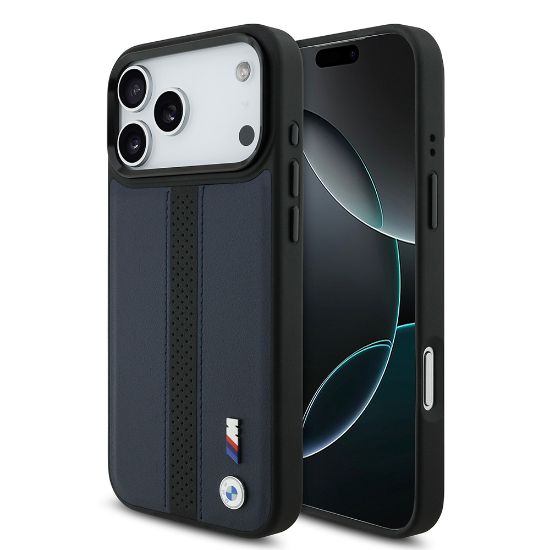 Apple iPhone 17 Pro Max Kılıf BMW Orjinal Lisanslı M-safe Şarj Özellikli Deri Arka Yüzey Metal Logolu Delikli Şerit Tasarımlı Kapak - Lacivert resmi