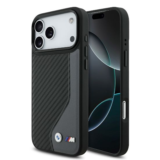 Apple iPhone 17 Pro Max Kılıf BMW Orjinal Lisanslı M-safe Şarj Özellikli Metal BMW ve M Logolu PU Karbon Tasarımlı Kapak resmi