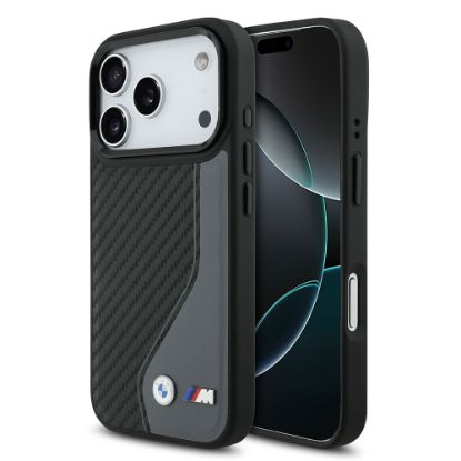 Apple iPhone 17 Pro Kılıf BMW Orjinal Lisanslı M-safe Şarj Özellikli Metal BMW ve M Logolu PU Karbon Tasarımlı Kapak - Siyah resmi