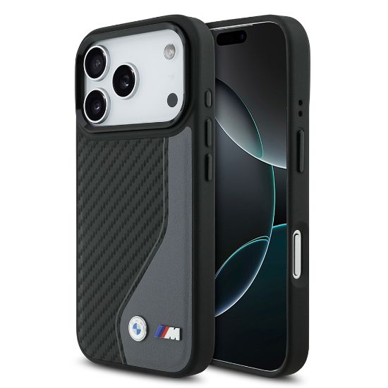 Apple iPhone 17 Pro Kılıf BMW Orjinal Lisanslı M-safe Şarj Özellikli Metal BMW ve M Logolu PU Karbon Tasarımlı Kapak - Siyah resmi