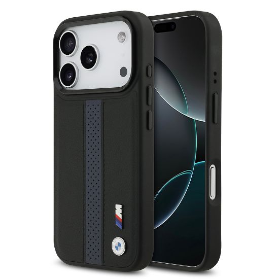 Apple iPhone 17 Pro Kılıf BMW Orjinal Lisanslı M-safe Şarj Özellikli Deri Arka Yüzey Metal Logolu Delikli Şerit Tasarımlı Kapak - Mavi resmi