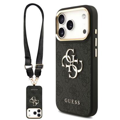 Apple iPhone 17 Pro Kılıf Guess Orjinal Lisanslı 4G Büyük Metal Logolu Kalın Askılı Kapak - Siyah resmi