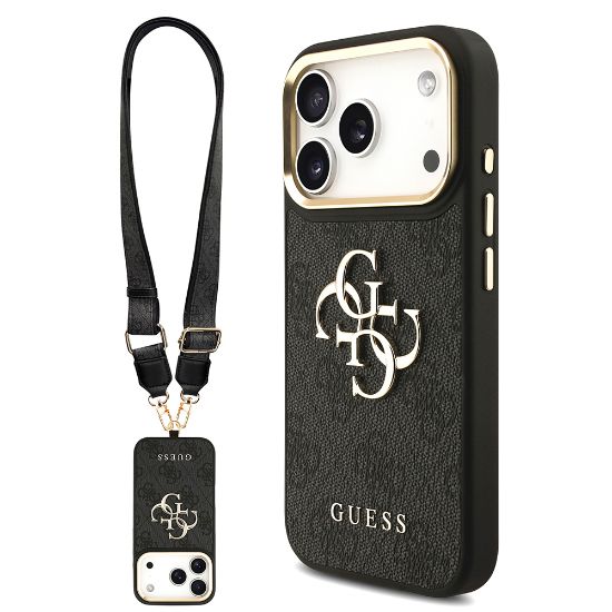Apple iPhone 17 Pro Kılıf Guess Orjinal Lisanslı 4G Büyük Metal Logolu Kalın Askılı Kapak - Siyah resmi