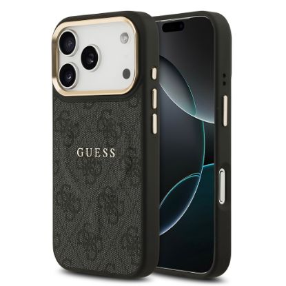 Apple iPhone 17 Pro Kılıf Guess Orjinal Lisanslı M-safe Şarj Özellikli Gold Metal Kamera Çerçeveli PU Deri 4G Desenli Yazı Logolu Kapak - Siyah resmi