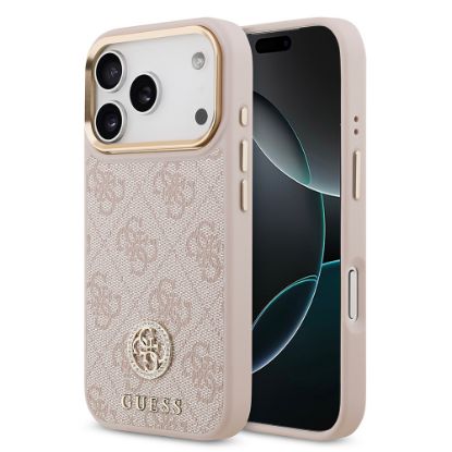 Apple iPhone 17 Pro Kılıf Guess Orjinal Lisanslı M-safe Şarj Özellikli Gold Metal Kamera Çerçeveli Taşlı 4G Logolu Kapak - Pembe resmi