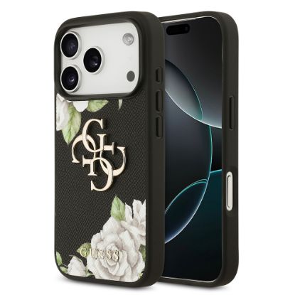 Apple iPhone 17 Pro Kılıf Guess Orjinal Lisanslı Gül Baskılı Büyük Metal Logo Dizaynlı Kapak - Siyah resmi