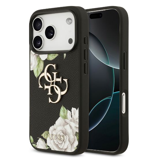 Apple iPhone 17 Pro Kılıf Guess Orjinal Lisanslı Gül Baskılı Büyük Metal Logo Dizaynlı Kapak - Siyah resmi