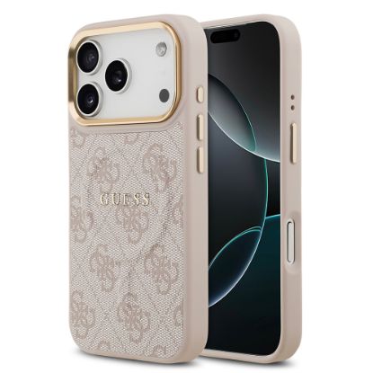 Apple iPhone 17 Pro Kılıf Guess Orjinal Lisanslı M-safe Şarj Özellikli Gold Metal Kamera Çerçeveli PU Deri 4G Desenli Yazı Logolu Kapak - Pembe resmi