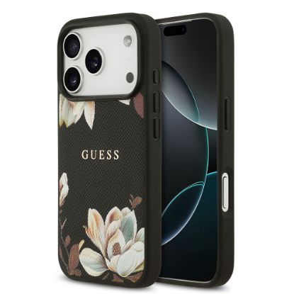 Apple iPhone 17 Pro Kılıf Guess Orjinal Lisanslı M-safe Şarj Özellikli Taneli Çiçek Tasarımlı Metal Yazı Logolu Kapak - Siyah resmi