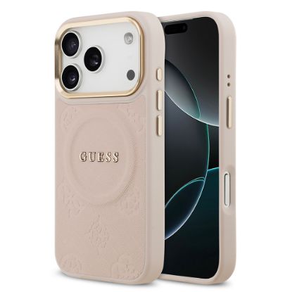 Apple iPhone 17 Pro Kılıf Guess Orjinal Lisanslı M-safe Şarj Özellikli Sıcak Baskılı Yazı Logolu PU Deri Peony Kapak resmi