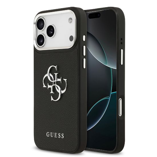 Apple iPhone 17 Pro Max Kılıf Guess Orjinal Lisanslı Metal Kamera Çerçeveli Metal Büyük 4G ve Yazı Logolu PU Deri Kapak - Siyah resmi