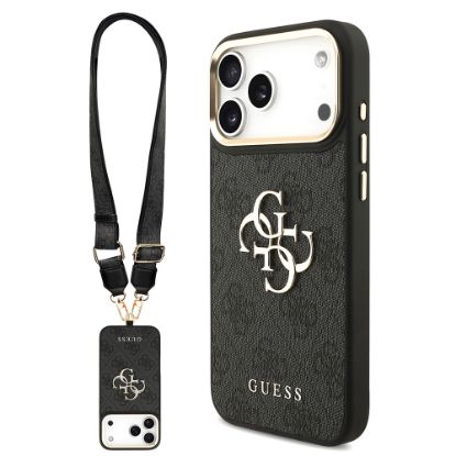 Apple iPhone 17 Pro Max Kılıf Guess Orjinal Lisanslı 4G Büyük Metal Logolu Kalın Askılı Kapak - Siyah resmi