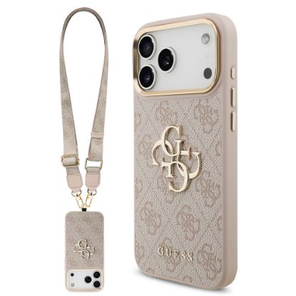 Apple iPhone 17 Pro Max Kılıf Guess Orjinal Lisanslı 4G Büyük Metal Logolu Kalın Askılı Kapak - Pembe resmi