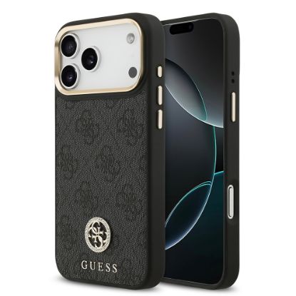 Apple iPhone 17 Pro Max Kılıf Guess Orjinal Lisanslı M-safe Şarj Özellikli Gold Metal Kamera Çerçeveli Taşlı 4G Logolu Kapak resmi