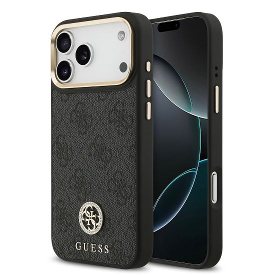 Apple iPhone 17 Pro Max Kılıf Guess Orjinal Lisanslı M-safe Şarj Özellikli Gold Metal Kamera Çerçeveli Taşlı 4G Logolu Kapak resmi