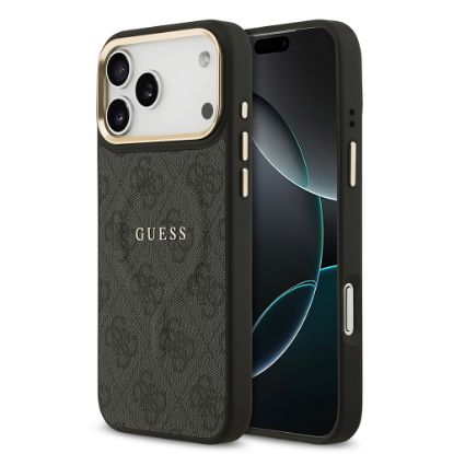 Apple iPhone 17 Pro Max Kılıf Guess Orjinal Lisanslı M-safe Şarj Özellikli Gold Metal Kamera Çerçeveli PU Deri 4G Desenli Yazı Logolu Kapak resmi