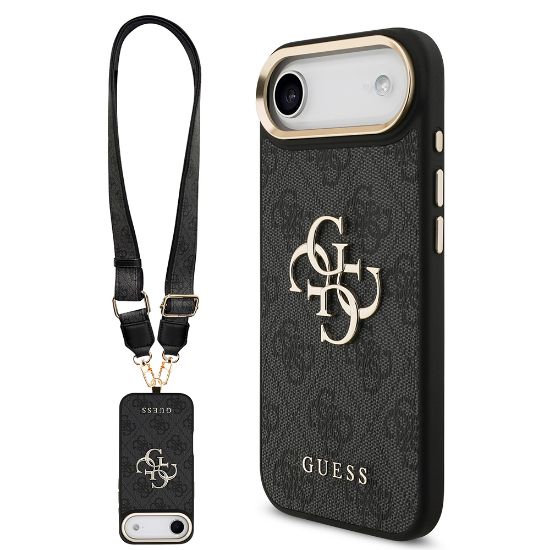 Apple iPhone 17 Air Kılıf Guess Orjinal Lisanslı 4G Büyük Metal Logolu Kalın Askılı Kapak - Siyah resmi
