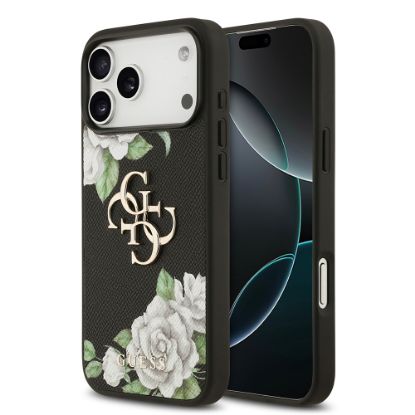 Apple iPhone 17 Pro Max Kılıf Guess Orjinal Lisanslı Gül Baskılı Büyük Metal Logo Dizaynlı Kapak - Siyah resmi