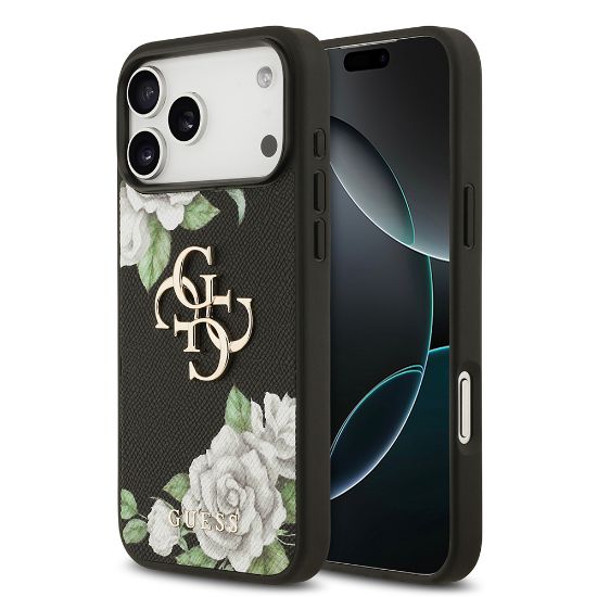 Apple iPhone 17 Pro Max Kılıf Guess Orjinal Lisanslı Gül Baskılı Büyük Metal Logo Dizaynlı Kapak - Siyah resmi