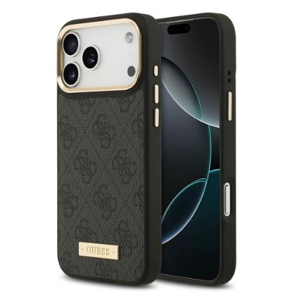 Apple iPhone 17 Pro Max Kılıf Guess Orjinal Lisanslı M-safe Şarj Özellikli 4G Desenli PU Metal Plaka Klasik Logolu Kapak - Siyah resmi