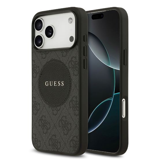 Apple iPhone 17 Pro Max Kılıf Guess Orjinal Lisanslı M-safe Şarj Özellikli Yazı Logolu Circle Classic Kapak - Siyah resmi