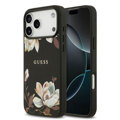 Apple iPhone 17 Pro Max Kılıf Guess Orjinal Lisanslı M-safe Şarj Özellikli Taneli Çiçek Tasarımlı Metal Yazı Logolu Kapak - Siyah resmi