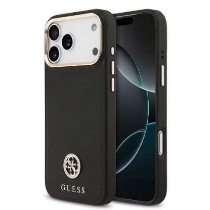 Apple iPhone 17 Pro Max Kılıf Guess Orjinal Lisanslı M-safe Şarj Özellikli Grained Yazı ve Taşlı 4G Logolu Kapak - Siyah resmi