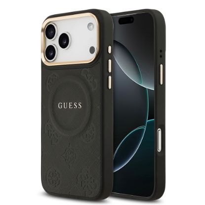Apple iPhone 17 Pro Max Kılıf Guess Orjinal Lisanslı M-safe Şarj Özellikli Sıcak Baskılı Yazı Logolu PU Deri Peony Kapak - Siyah resmi