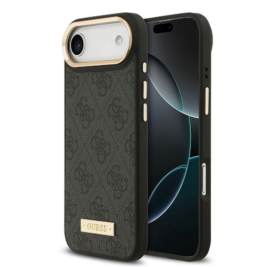 Apple iPhone 17 Air Kılıf Guess Orjinal Lisanslı M-safe Şarj Özellikli 4G Desenli PU Metal Plaka Klasik Logolu Kapak - Siyah resmi
