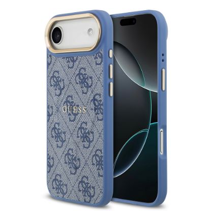Apple iPhone 17 Air Kılıf Guess Orjinal Lisanslı M-safe Şarj Özellikli Gold Metal Kamera Çerçeveli PU Deri 4G Desenli Yazı Logolu Kapak - Mavi resmi