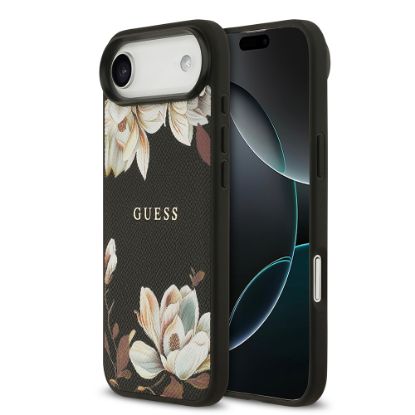 Apple iPhone 17 Air Kılıf Guess Orjinal Lisanslı M-safe Şarj Özellikli Taneli Çiçek Tasarımlı Metal Yazı Logolu Kapak resmi