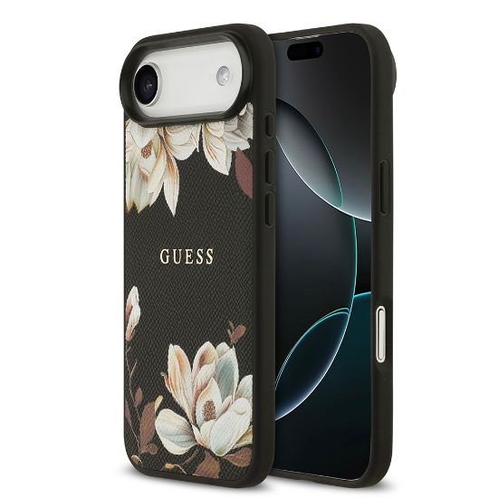 Apple iPhone 17 Air Kılıf Guess Orjinal Lisanslı M-safe Şarj Özellikli Taneli Çiçek Tasarımlı Metal Yazı Logolu Kapak resmi