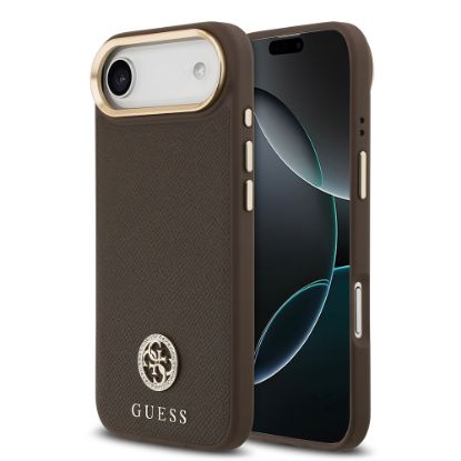 Apple iPhone 17 Air Kılıf Guess Orjinal Lisanslı M-safe Şarj Özellikli Grained Yazı ve Taşlı 4G Logolu Kapak - Kahverengi resmi