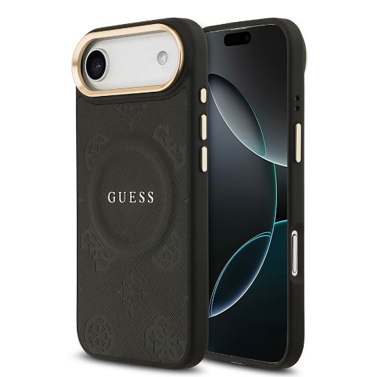 Apple iPhone 17 Air Kılıf Guess Orjinal Lisanslı M-safe Şarj Özellikli Sıcak Baskılı Yazı Logolu PU Deri Peony Kapak - Siyah resmi