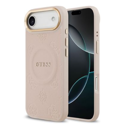 Apple iPhone 17 Air Kılıf Guess Orjinal Lisanslı M-safe Şarj Özellikli Sıcak Baskılı Yazı Logolu PU Deri Peony Kapak - Pembe resmi