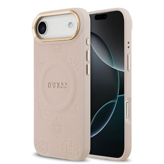 Apple iPhone 17 Air Kılıf Guess Orjinal Lisanslı M-safe Şarj Özellikli Sıcak Baskılı Yazı Logolu PU Deri Peony Kapak - Pembe resmi