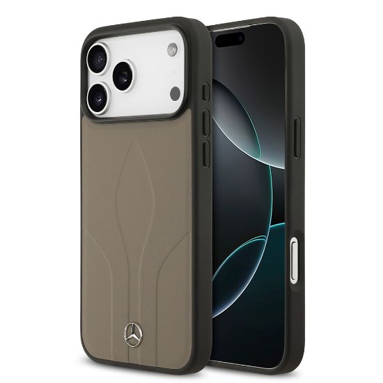 Apple iPhone 17 Pro Max Kılıf Mercedes Benz Orjinal Lisanslı M-safe Şarj Özellikli Dokulu Desenli Deri Kapak - Kahverengi resmi