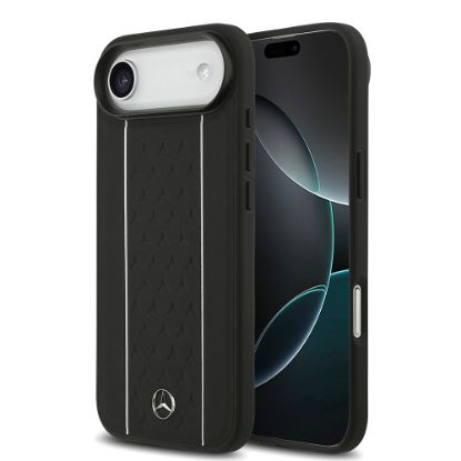 Apple iPhone 17 Air Kılıf Mercedes Benz Orjinal Lisanslı M-safe Şarj Özellikli Şeritli Yıldız Desenli Metal Logolu Deri Kapak - Siyah resmi