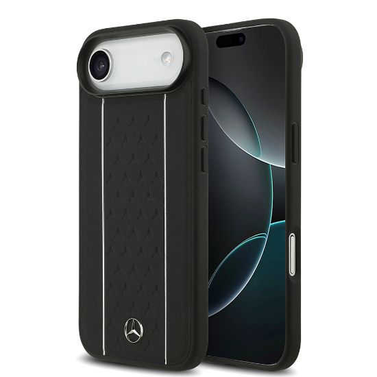 Apple iPhone 17 Air Kılıf Mercedes Benz Orjinal Lisanslı M-safe Şarj Özellikli Şeritli Yıldız Desenli Metal Logolu Deri Kapak - Siyah resmi
