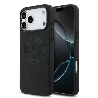 Apple iPhone 17 Pro Max Kılıf Mercedes Benz Orjinal Lisanslı M-safe Şarj Özellikli Hakiki Deri Nostaljik Yıldız Dizayn Kapak - Siyah resmi
