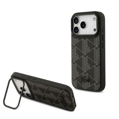 Apple iPhone 17 Pro Kılıf Lacoste Orjinal Lisanslı M-safe Şarj Özellikli Standlı PU Deri Karışık Monogram Desenli Kapak - Siyah resmi