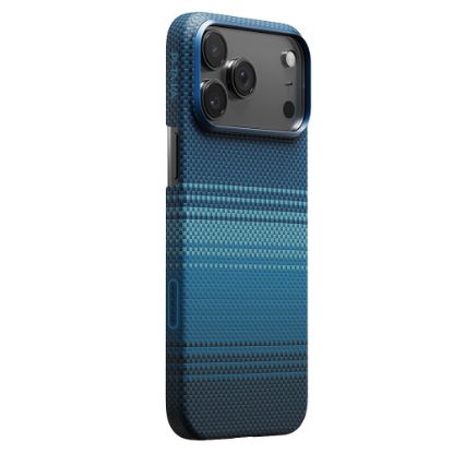 Apple iPhone 17 Pro Max Kılıf M-safe Şarj Özellikli Aramid Fiber Pitaka Tactile Woven Sunset-Moonrise Serisi Kapak - Mavi resmi