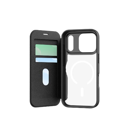 Apple iPhone 17 Pro Kılıf M-Safe Şarj Özellikli Raptic Air Folio Şeffaf Kartlıklı Kapaklı Kılıf - Siyah resmi
