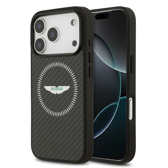 Apple iPhone 17 Pro Kılıf Aston Martin Orjinal Lisanslı M-safe Şarj Özellikli Karbon Fiber Kevlar Kapak - Siyah resmi